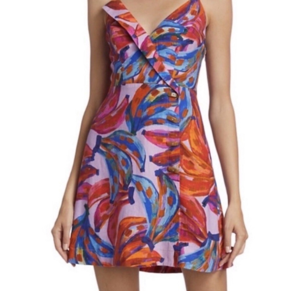 FARM Rio Multicolor banana print V-Neck Mini Dress with button detail